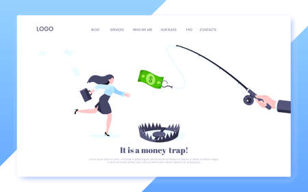 Fishing money chase business concept with businesswoman running after dangling dollar and trying to catch it. Working hard and always busy in the loop routine flat style design vector illustration.のイラスト素材