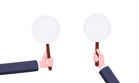 Hand hold blank round auction bid banner plate sign business concept flat style design vector illustration set. Hand holds bid voting paddle.のイラスト素材