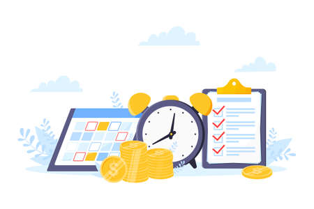 Time is money or saving money business concept. Giant clock, calendar schedule and checklist symbol. Time management flat style vector illustration isolated on white background.のイラスト素材