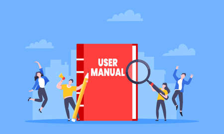 User manual guide book flat style design vector illustration. Tiny people and guidance manual instructions working together with guide book. Specifications user guidance document.のイラスト素材