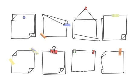 Doodle hand drawn memo notes and reminders vector illustration set. Simple drawing doodle style sketches of square paper sheets with curved corners cute diary design with clip, pins and duct tape.のイラスト素材