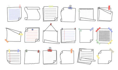 Doodle hand drawn memo notes and reminders vector illustration set. Simple drawing doodle style sketches of square paper sheets with curved corners cute diary design with clip, pins and duct tape.のイラスト素材