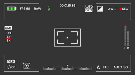 Camera viewfinder video or photo frame recorder flat style design vector illustration. Digital camera viewfinder with exposure settings and focusing grid template.のイラスト素材