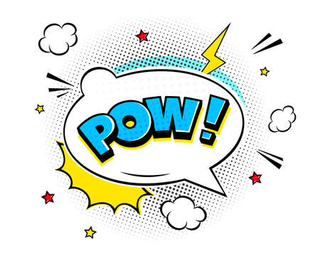 Comic speech bubble pow with halftone shadow text expression retro comic style flat design. Dynamic pop art vector illustration isolated on white background.のイラスト素材