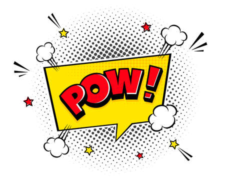 Pow comic speech bubble halftone shadow text expression retro comic style flat design. Dynamic pop art vector illustration isolated on white background.のイラスト素材