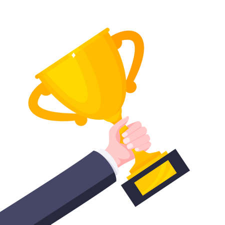 Hand holds winner golden award trophy goblet cup icon sign flat style design vector illustration isolated on white background.のイラスト素材