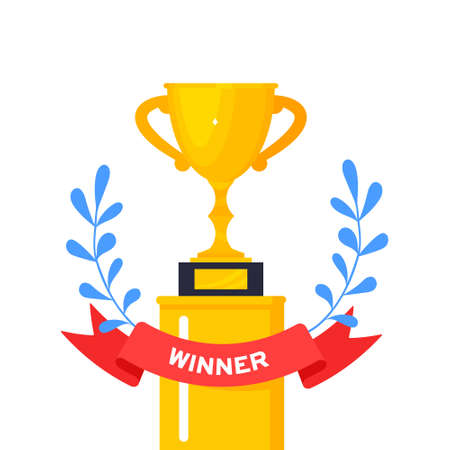 Golden winner award trophy goblet cup icon sign flat style design vector illustration isolated on white background with red ribbon and text winner.のイラスト素材
