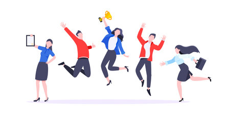 Happy business team employee team winners award ceremony flat style design vector illustration. Employee recognition and best worker competition award team celebrating victory winner business concept.のイラスト素材