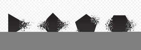Shape explosion broken and shattered flat style design vector illustration set isolated on transparent background. Rhombus, hexagon, triangle, pentagon shape in grayscale gradient exploding demolitionのイラスト素材