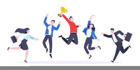 Happy business employee team winners award ceremony flat style design vector illustration. Employee recognition and best worker competition award team celebrating victory winner business concept.のイラスト素材