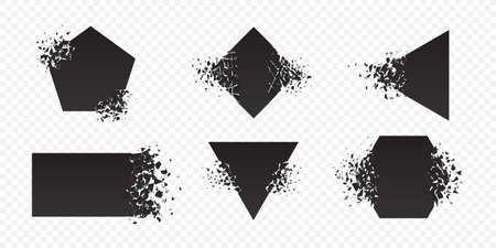 Shape explosion broken and shattered flat style design vector illustration set isolated on transparent background. Rhombus, hexagon, triangle, pentagon, rectangle shape grayscale exploding demolition.のイラスト素材