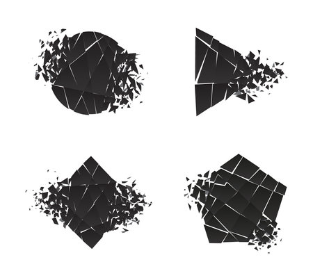 Shape explosion broken shattered flat style design vector illustration set isolated on white background. Square rhombus, circle, triangle, pentagon shapes in grayscale color exploding demolition.のイラスト素材