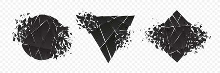 Shape explosion broken and shattered flat style design vector illustration set isolated on transparent background. Square rhombus, circle, triangle shapes in grayscale gradient exploding demolition.のイラスト素材