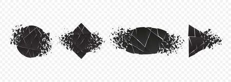 Shape explosion broken and shattered flat style design vector illustration set isolated on transparent background. Square rhombus, circle, triangle shapes in grayscale gradient exploding demolition.のイラスト素材