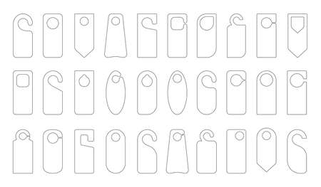 Hotel door hanger tags outline template icon signs set flat style design vector illustration. Empty door flyer or do not disturb mock up isolated on white background.のイラスト素材