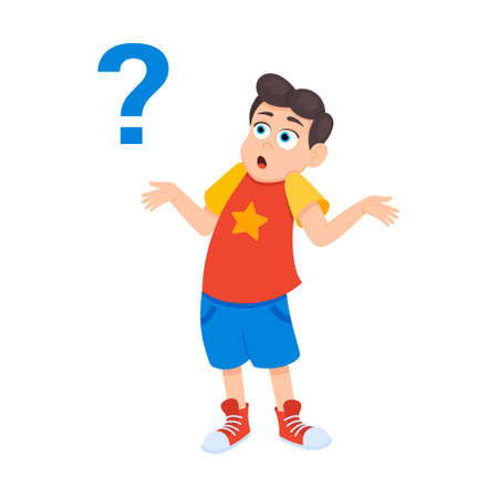 Little doubt boy kid asking question flat style design vector illustration isolated on white background. Cute boy thinking about something and question mark flies above him asking concept.のイラスト素材