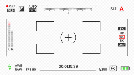 Camera viewfinder video or photo frame recorder flat style design vector illustration. Digital camera viewfinder with exposure settings and focusing grid template.のイラスト素材