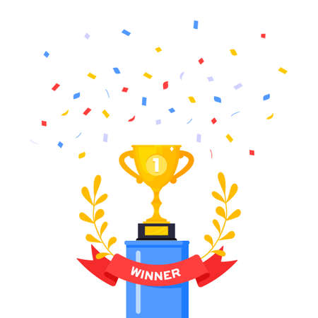 First place win golden award trophy goblet cup icon sign flat style design vector illustration isolated on white background.のイラスト素材