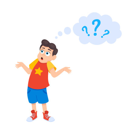 Little doubt boy kid asking question flat style design vector illustration isolated on white background. Cute boy thinking about something and question mark flies above him asking concept.のイラスト素材