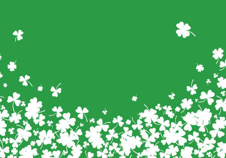 Shamrock or white clover leaves pattern background flat design vector illustration isolated on green background. St Patricks Day shamrock symbols decorative elements pattern.のイラスト素材