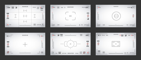 Camera viewfinder video or photo frame recorder flat style design vector illustration set. Digital camera viewfinder with exposure settings and focusing grid template.のイラスト素材