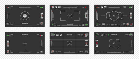 Camera viewfinder video or photo frame recorder flat style design vector illustration set. Digital camera viewfinder with exposure settings and focusing grid template.のイラスト素材