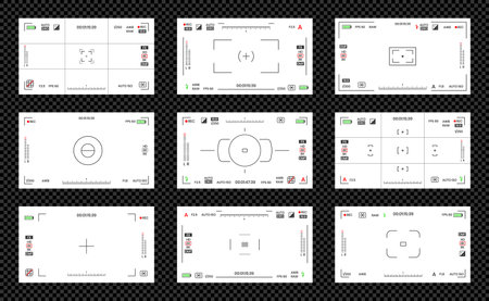 Camera viewfinder video or photo frame recorder flat style design vector illustration set. Digital camera viewfinder with exposure settings and focusing grid template.のイラスト素材