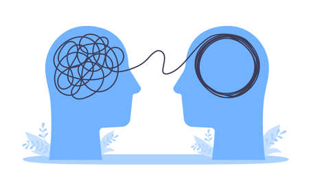 Psychologist consulting or mental problem solving brainstorm concept. Human heads with tangled chaos disorder turns into order line, finding solution. Coach, mentoring psychotherapy. Complex to simpleのイラスト素材