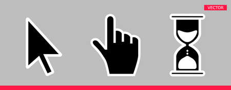 White hourglass loading clock, pointer hand and arrow mouse cursors icon sign graphic element flat style design vector illustration set. Simplistic pictogram indicator sign, endless time process idea.のイラスト素材