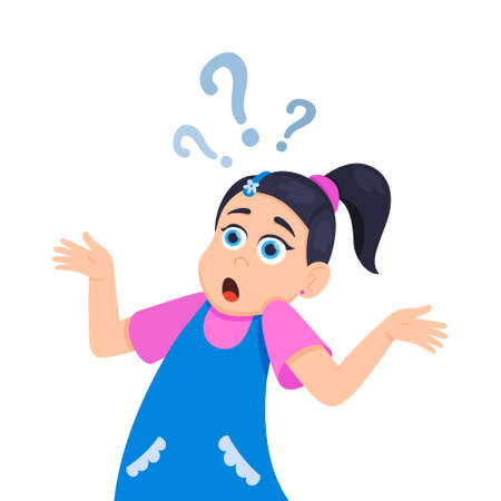 Little doubt girl kid asking question flat style design vector illustration isolated on white background. Cute girl thinking about something and question mark flies above her asking concept.のイラスト素材