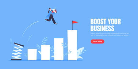 Springboard businesswoman high jump flat style design vector illustration concept. Business person jumps above career ladder. Success growth, motivation opportunity, boost career concept.のイラスト素材