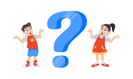Little doubt girl and boy kids asking question flat style design vector illustration isolated on white background. Cute kids thinking about something and question mark flies above her asking concept.のイラスト素材