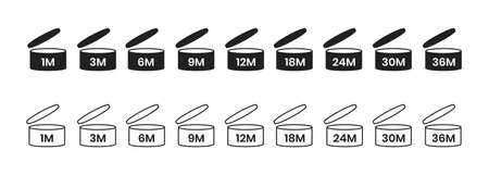 PAO, period after open icon sign set flat style design vector illustration isolated on white bd. 1, 3, 6, 9, 12, 18, 24, 30, 36 month pao expiration period for cosmetic packaging line art symbol.のイラスト素材
