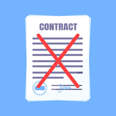 Contract cancellation business concept. Terminated tearing contract paper sheet breach flat style design vector illustration isolated on white background.のイラスト素材