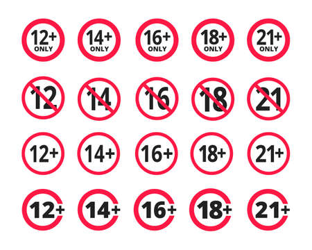 Adults content only age restriction 12, 14, 16, 18, 21 plus years old icon signs set flat style design vector illustration. Sensitive content age plus and adults only concept symbols.のイラスト素材