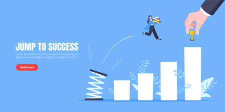 Business mentor helps to improve career with springboard vector illustration. Business person jumps above career ladder graph. Success growth, motivation opportunity, boost career concept.のイラスト素材