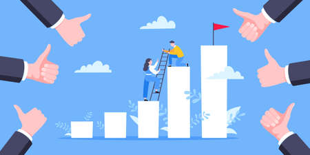 Business mentor helps to improve career and holding stairs steps vector illustration. Mentorship, upskills, climb help and self development strategy flat style design business concept.のイラスト素材