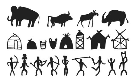 Cave painting prehistoric rock art hand drawn sketch style vector illustration set. Rock age cave paintings set with prehistoric wild animals, tribal people and village buildings.のイラスト素材