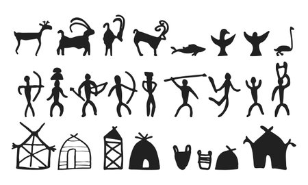 Cave painting prehistoric rock art hand drawn sketch style vector illustration set. Rock age cave paintings set with prehistoric wild animals, tribal people and village buildings.のイラスト素材