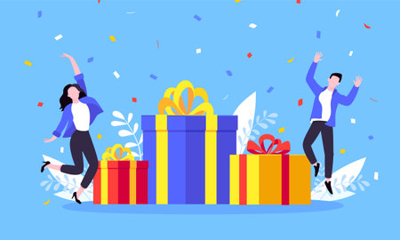 Get online reward and gifts, earn loyalty program points. Get loyalty card and customer service business concept flat design vector illustration. Tiny people with big gift boxes.のイラスト素材
