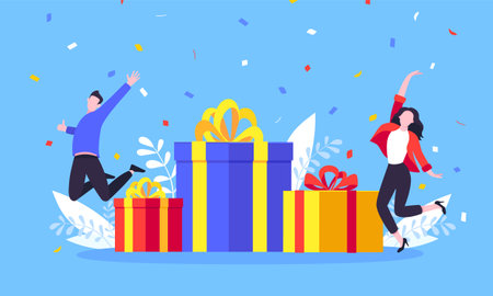 Get online reward and gifts, earn loyalty program points. Get loyalty card and customer service business concept flat design vector illustration. Tiny people with big gift boxes.のイラスト素材