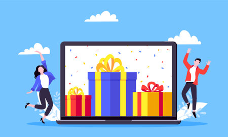 Get online reward and gifts, earn loyalty program points. Get loyalty card and customer service business concept flat design vector illustration. Tiny people with big gift boxes.のイラスト素材