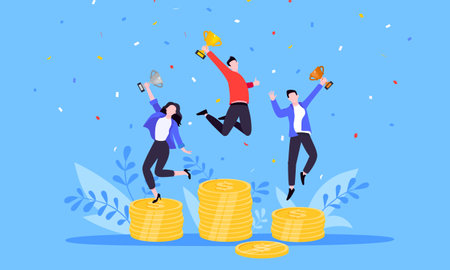 People standing on the money podium rank first three places, jumps in the air with trophy cup. Employee recognition and competition award winner business concept flat style design vector illustration.のイラスト素材