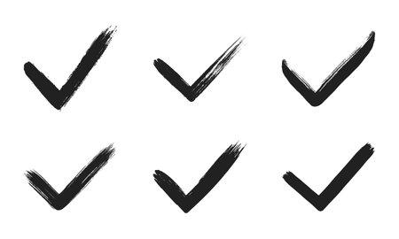 Dirty grunge hand drawn tick v with brush strokes vector illustration set isolated on white background mark graphic design. Check mark symbol YES button for vote in check box, web, etc.のイラスト素材
