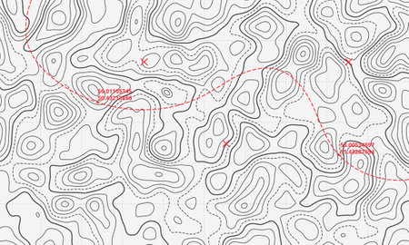 Ocean topographic line map with curvy wave isolines vector illustration. Sea depth topographic landscape surface for nautical radar readings. Cartography texture abstract banner of relief ocean floor.のイラスト素材
