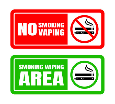 No smoking no vaping and smoking area sign set. Forbidden sign icon isolated on white background vector illustration. Cigarette, vape in prohibition circle and green allowed area.のイラスト素材