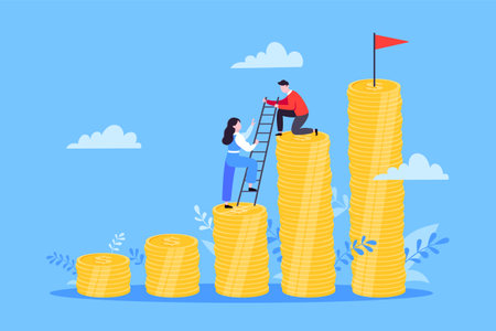Business mentor helps improve career and money stacks growing. He holds stairs steps vector illustration. Mentorship, upskills, climb help self development strategy flat style design business concept.のイラスト素材