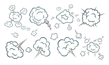 Smelling pop art comic book cartoon fart cloud flat style design vector illustration set. Bad stink or toxic aroma cartoon smoke cloud isolated on white background.のイラスト素材