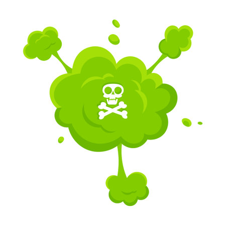Smelling green cartoon smoke or fart clouds flat style design vector illustration. Bad stink or toxic aroma cartoon smoke cloud isolated on white background.のイラスト素材