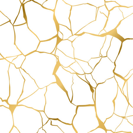 Gold kintsugi repair cracks background texture vector illustration isolated on white background. Broken foil marble pattern with golden dry cracks. Wedding card, cover or print pattern Japanese motif.のイラスト素材